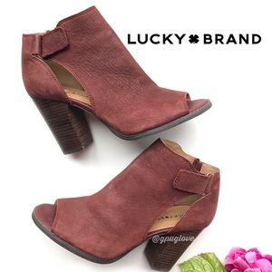 LUCKY BRAND Laciann Maroon Red Leather Heeled Peep Toe Booties 8